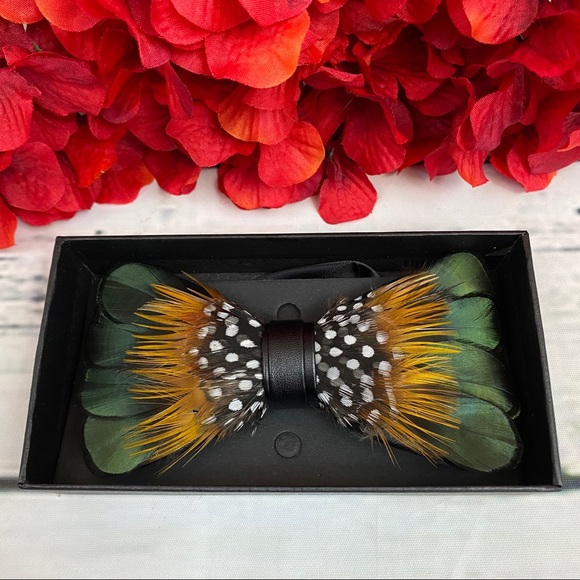 Handmade Green, Gold, and Black Dotted Feather Bow Tie Boutonnière Lapel Pin Set - Picture 4 of 12